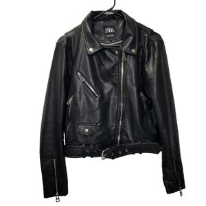 Zara Black Vegan Faux Leather Moto Jacket Womens XL Asymmetrical Zipper